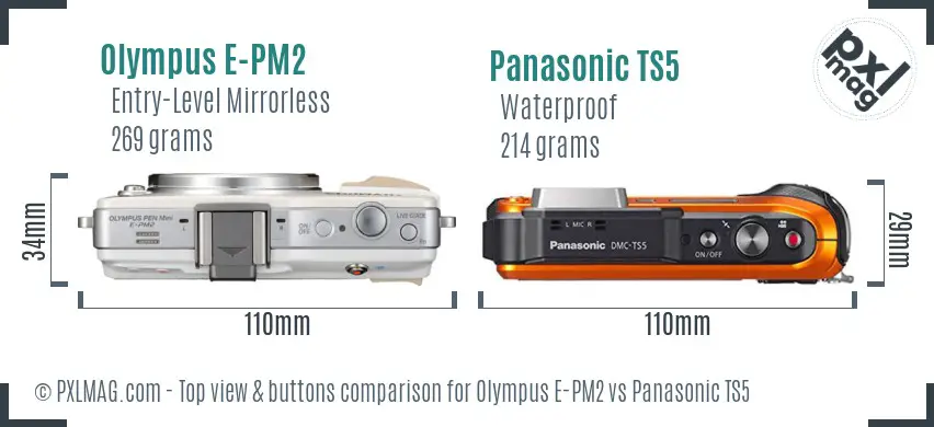 Olympus E-PM2 vs Panasonic TS5 top view buttons comparison