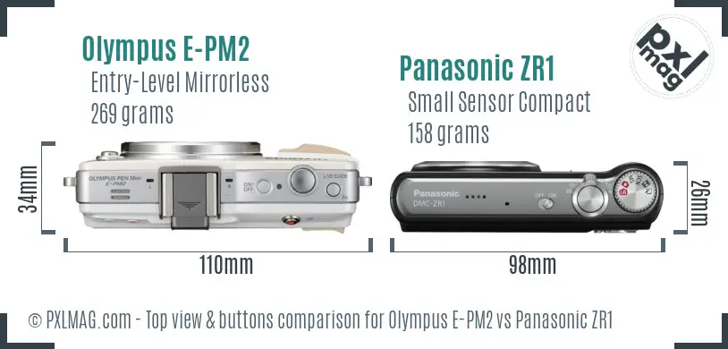 Olympus E-PM2 vs Panasonic ZR1 top view buttons comparison