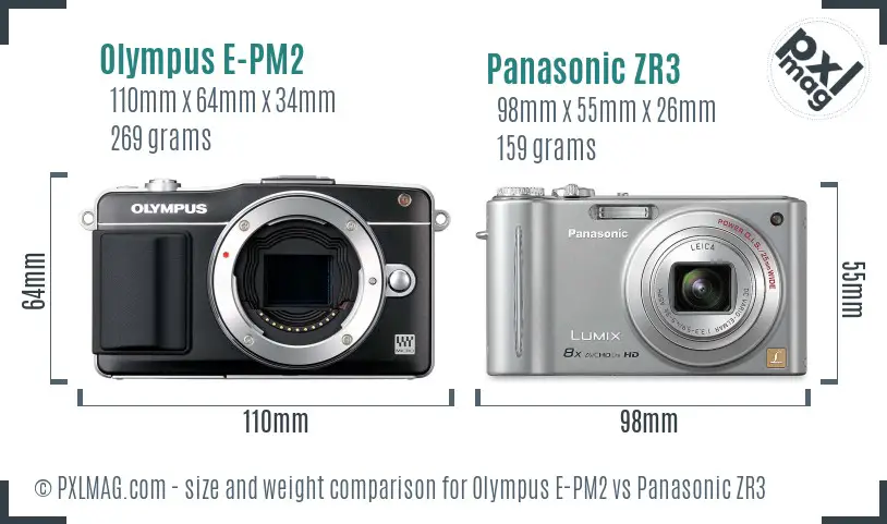 Olympus E-PM2 vs Panasonic ZR3 size comparison