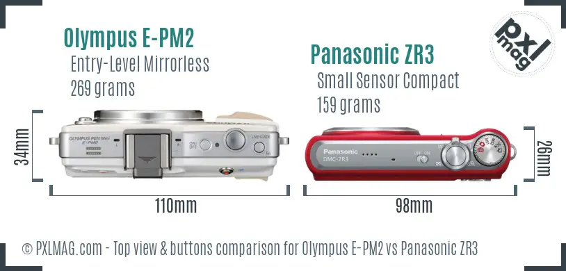 Olympus E-PM2 vs Panasonic ZR3 top view buttons comparison