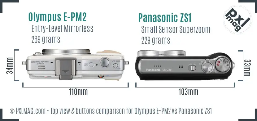 Olympus E-PM2 vs Panasonic ZS1 top view buttons comparison