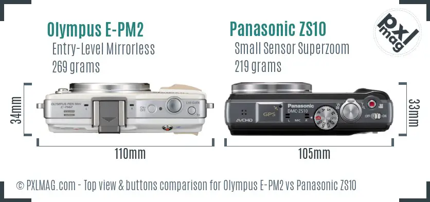 Olympus E-PM2 vs Panasonic ZS10 top view buttons comparison