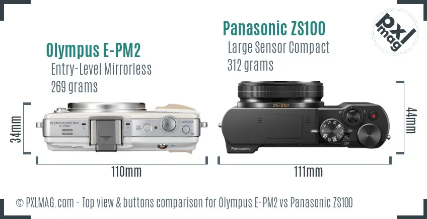 Olympus E-PM2 vs Panasonic ZS100 top view buttons comparison