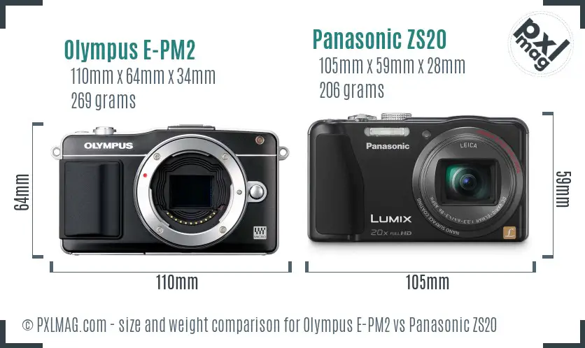 Olympus E-PM2 vs Panasonic ZS20 size comparison