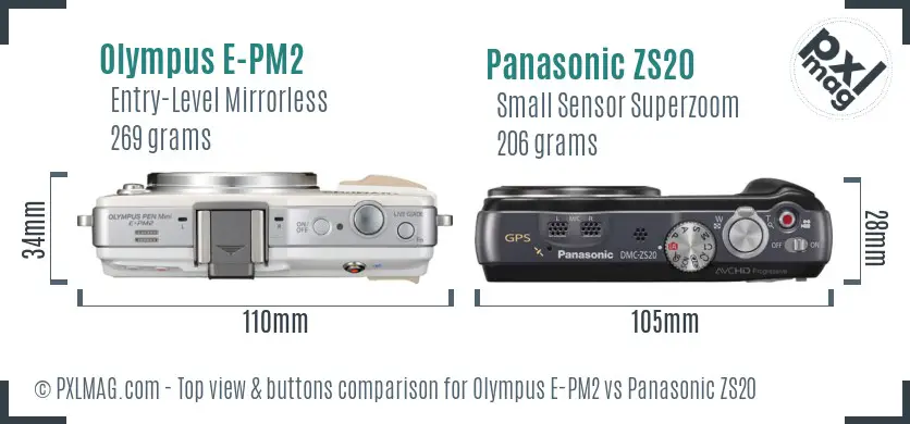 Olympus E-PM2 vs Panasonic ZS20 top view buttons comparison
