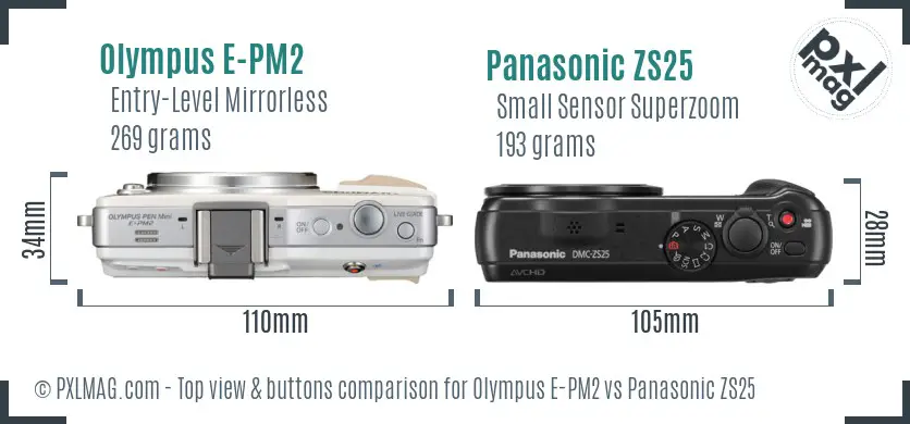 Olympus E-PM2 vs Panasonic ZS25 top view buttons comparison
