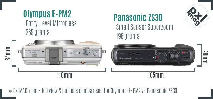 Olympus E-PM2 vs Panasonic ZS30 top view buttons comparison