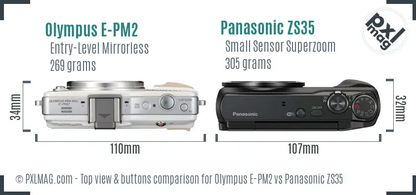 Olympus E-PM2 vs Panasonic ZS35 top view buttons comparison