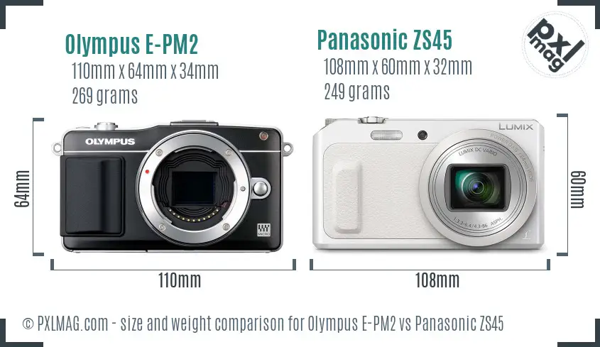 Olympus E-PM2 vs Panasonic ZS45 size comparison