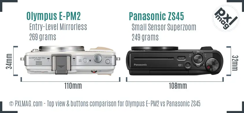 Olympus E-PM2 vs Panasonic ZS45 top view buttons comparison