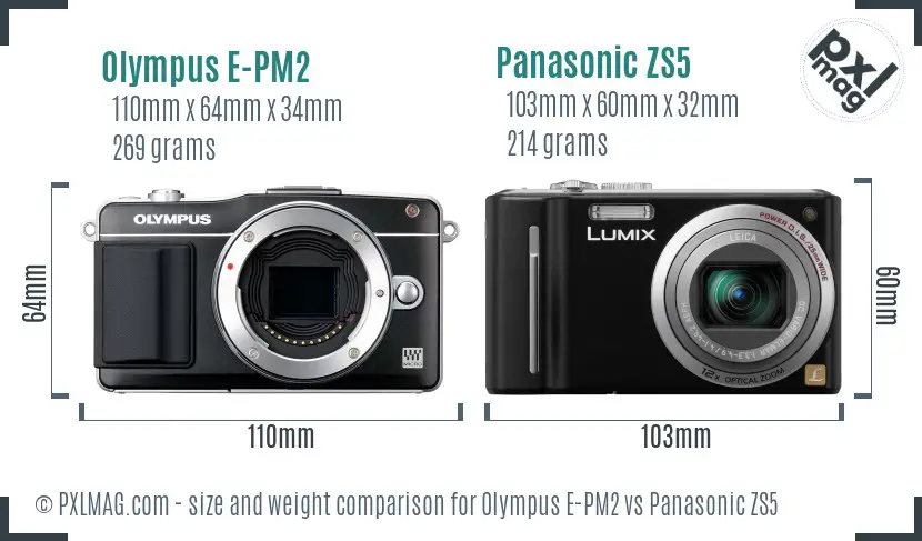 Olympus E-PM2 vs Panasonic ZS5 size comparison