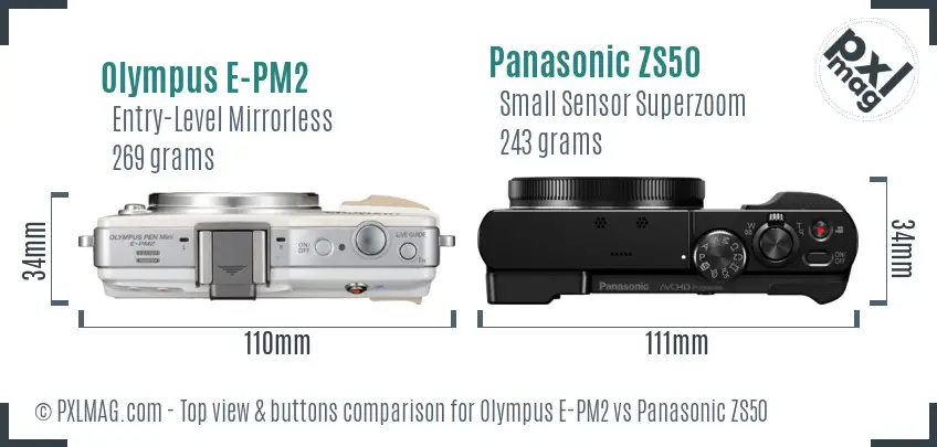 Olympus E-PM2 vs Panasonic ZS50 top view buttons comparison