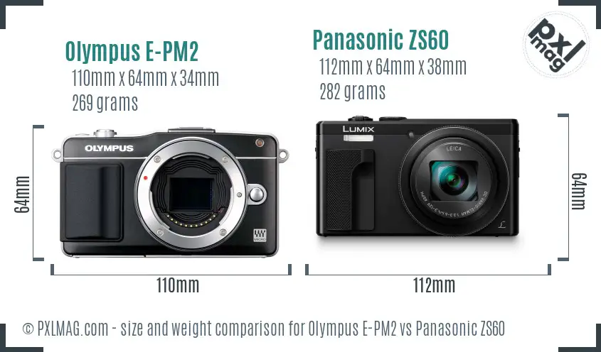 Olympus E-PM2 vs Panasonic ZS60 size comparison