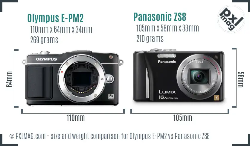 Olympus E-PM2 vs Panasonic ZS8 size comparison