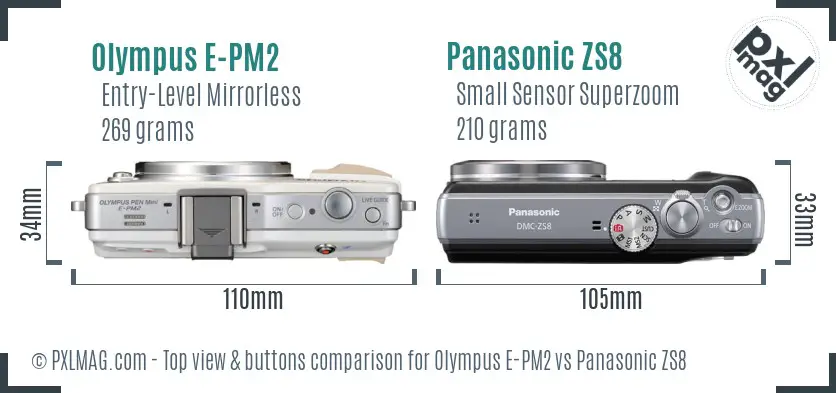 Olympus E-PM2 vs Panasonic ZS8 top view buttons comparison