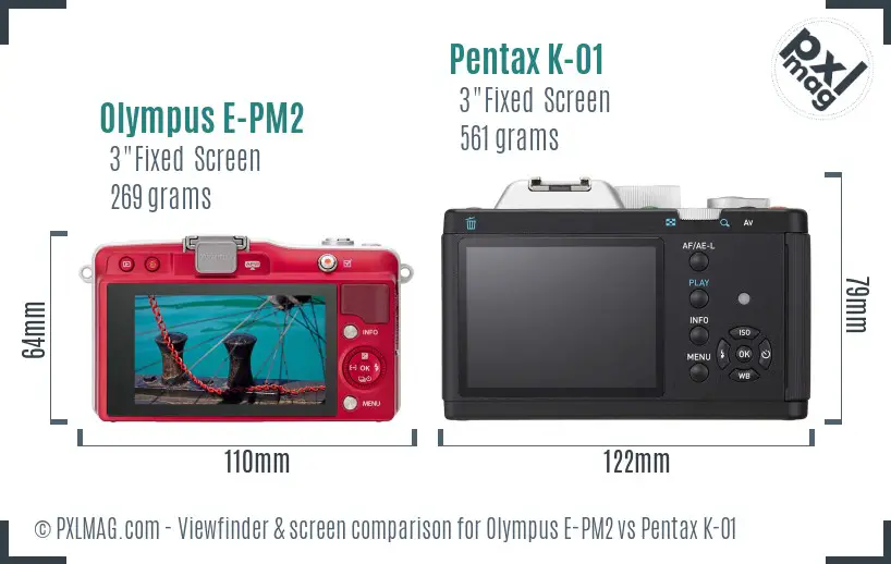 Olympus E-PM2 vs Pentax K-01 Screen and Viewfinder comparison