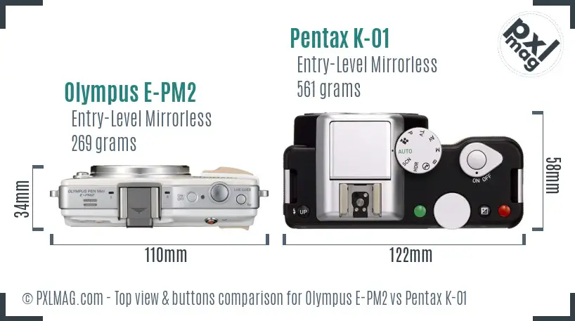 Olympus E-PM2 vs Pentax K-01 top view buttons comparison