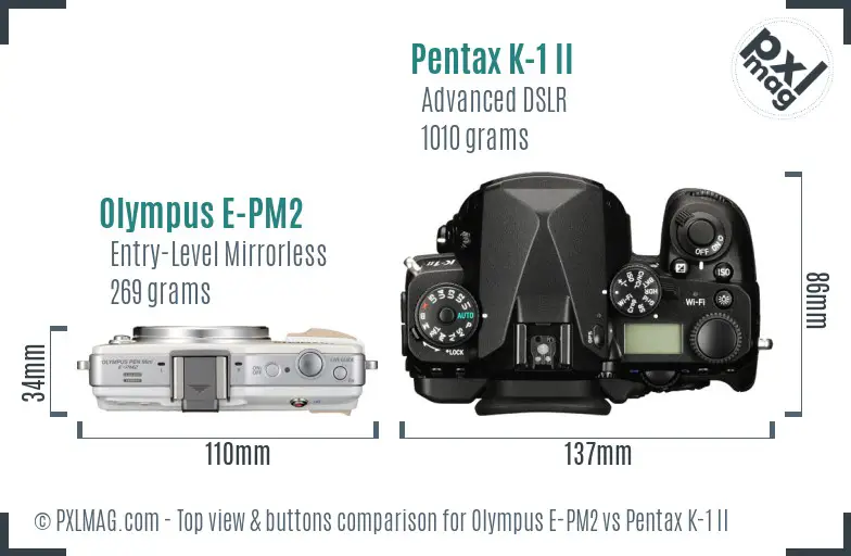 Olympus E-PM2 vs Pentax K-1 II top view buttons comparison