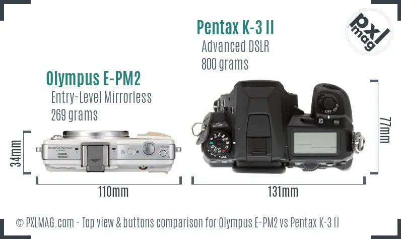 Olympus E-PM2 vs Pentax K-3 II top view buttons comparison