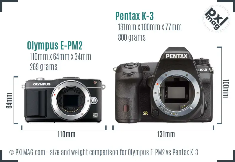 Olympus E-PM2 vs Pentax K-3 size comparison
