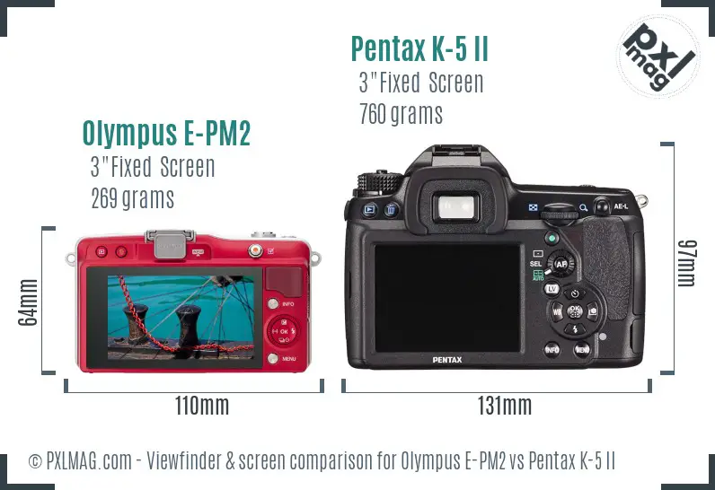 Olympus E-PM2 vs Pentax K-5 II Screen and Viewfinder comparison