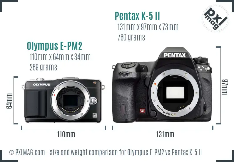 Olympus E-PM2 vs Pentax K-5 II size comparison