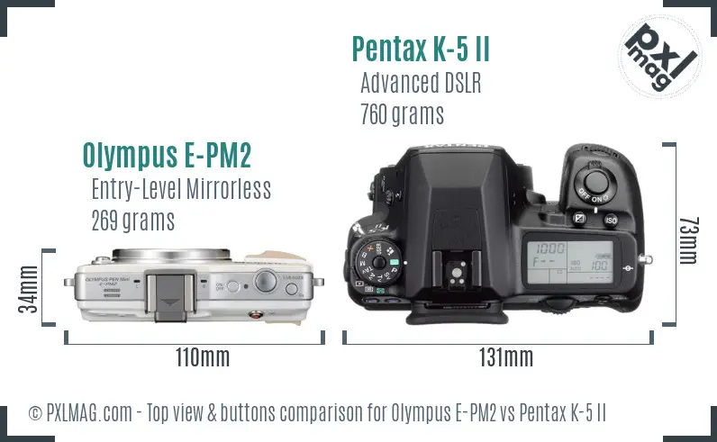 Olympus E-PM2 vs Pentax K-5 II top view buttons comparison