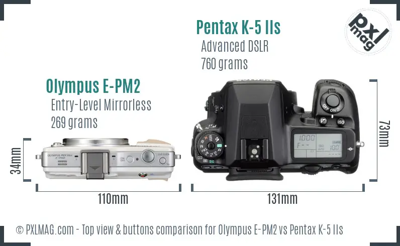 Olympus E-PM2 vs Pentax K-5 IIs top view buttons comparison