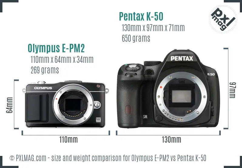 Olympus E-PM2 vs Pentax K-50 size comparison