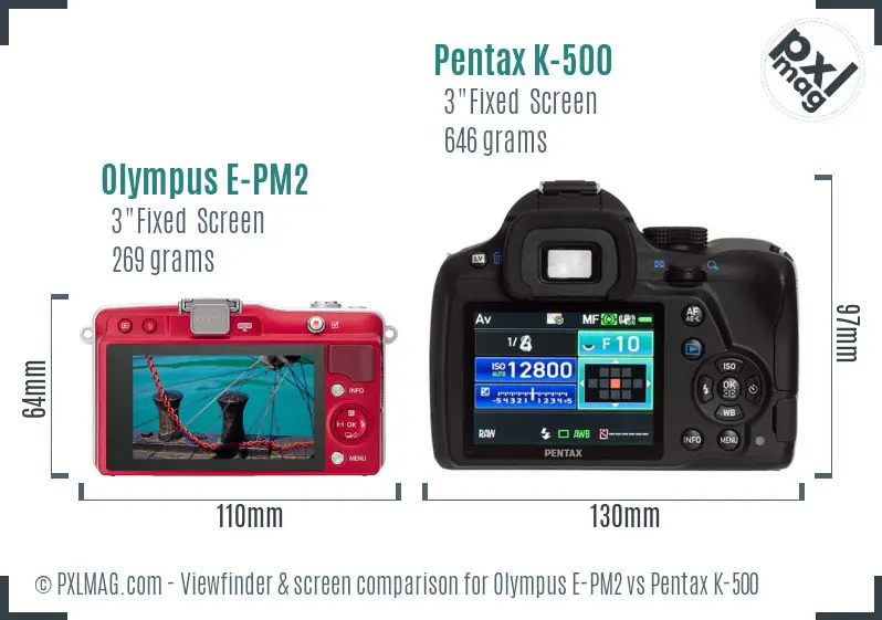 Olympus E-PM2 vs Pentax K-500 Screen and Viewfinder comparison