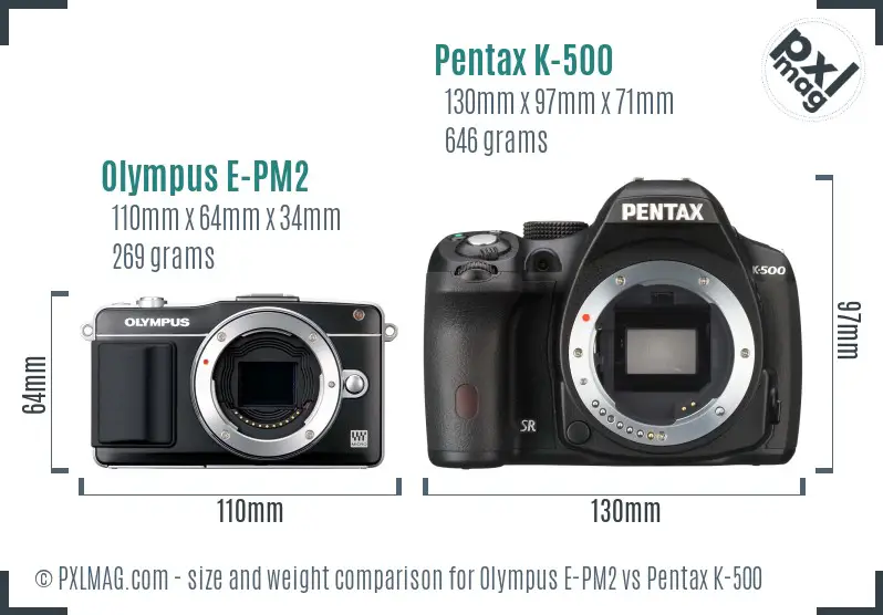 Olympus E-PM2 vs Pentax K-500 size comparison