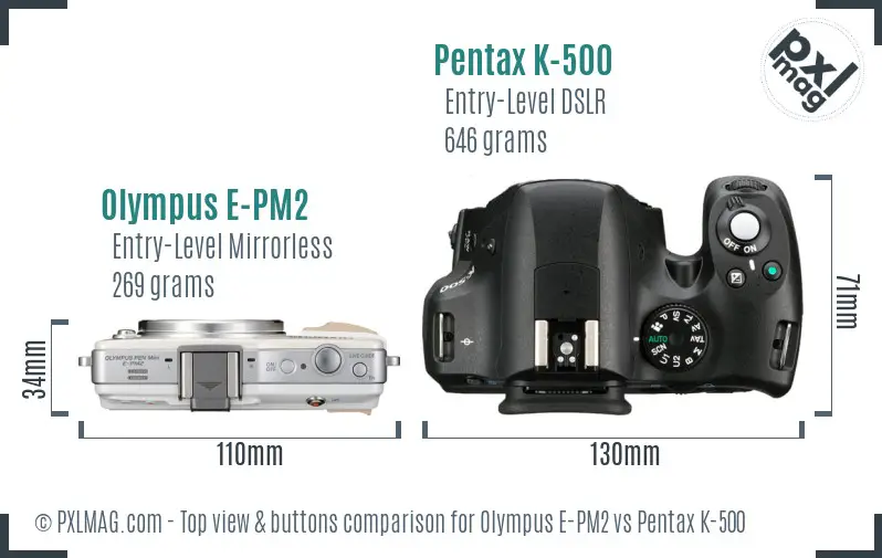 Olympus E-PM2 vs Pentax K-500 top view buttons comparison