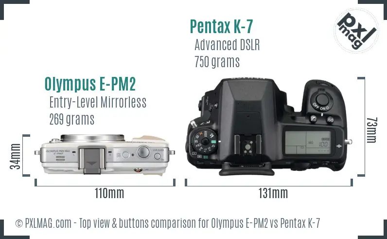 Olympus E-PM2 vs Pentax K-7 top view buttons comparison