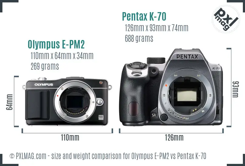 Olympus E-PM2 vs Pentax K-70 size comparison