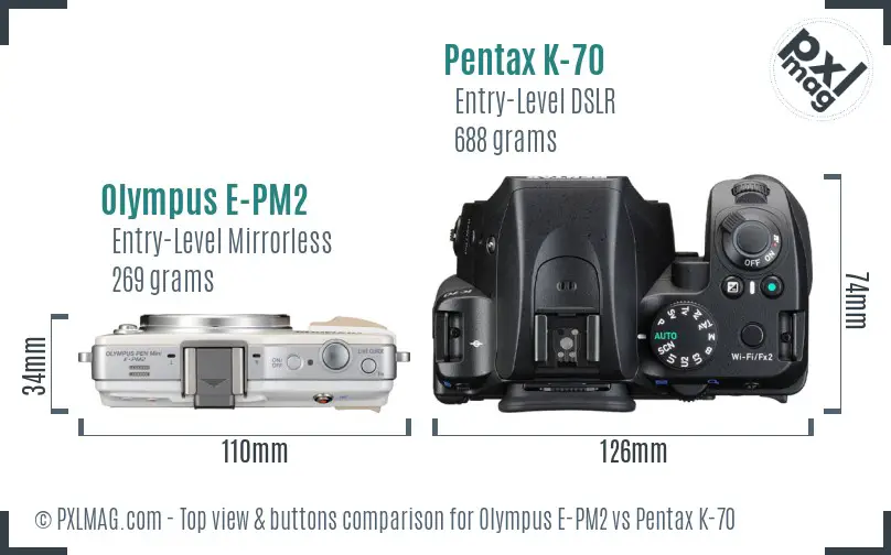 Olympus E-PM2 vs Pentax K-70 top view buttons comparison