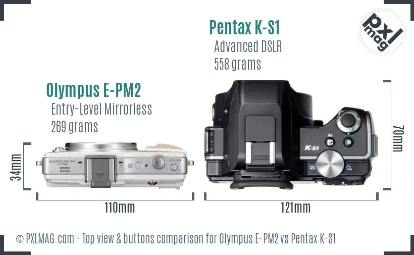 Olympus E-PM2 vs Pentax K-S1 top view buttons comparison