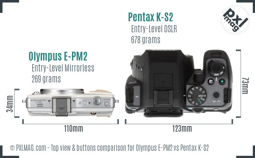 Olympus E-PM2 vs Pentax K-S2 top view buttons comparison