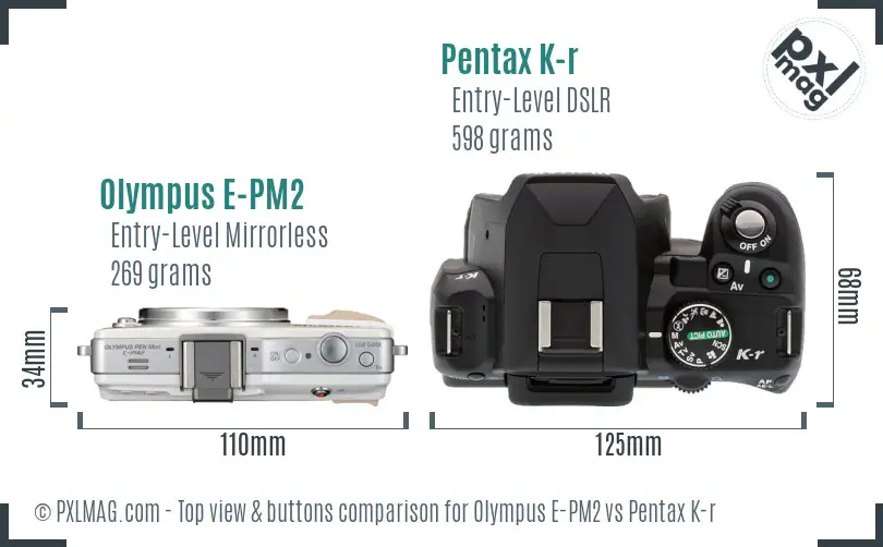 Olympus E-PM2 vs Pentax K-r top view buttons comparison