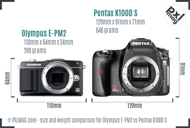Olympus E-PM2 vs Pentax K100D S size comparison