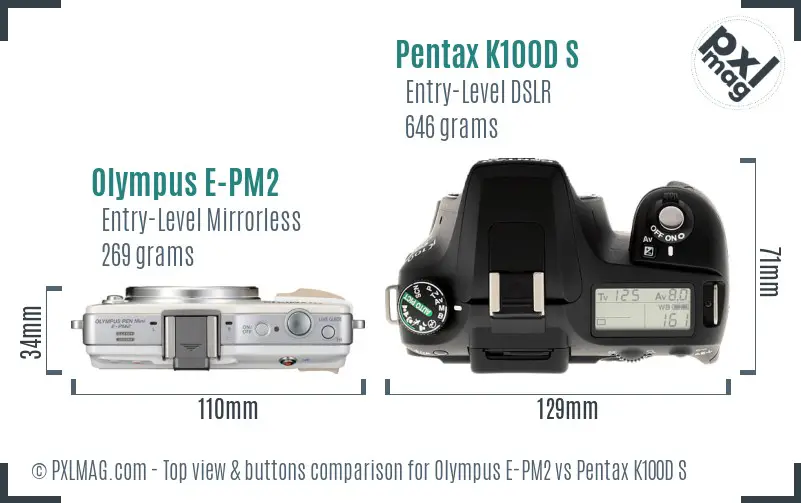 Olympus E-PM2 vs Pentax K100D S top view buttons comparison
