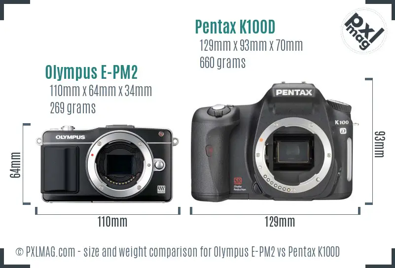 Olympus E-PM2 vs Pentax K100D size comparison