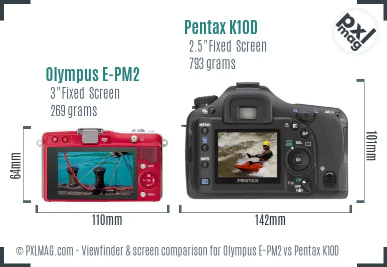Olympus E-PM2 vs Pentax K10D Screen and Viewfinder comparison