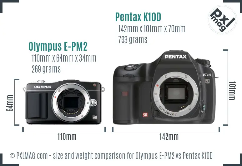 Olympus E-PM2 vs Pentax K10D size comparison