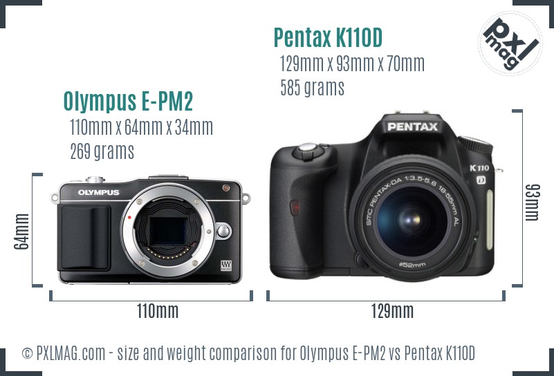Olympus E-PM2 vs Pentax K110D size comparison