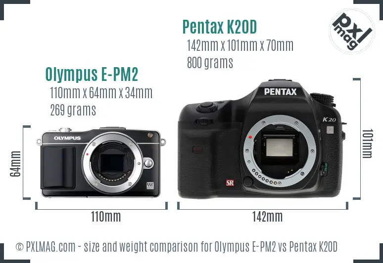 Olympus E-PM2 vs Pentax K20D size comparison