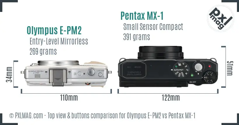 Olympus E-PM2 vs Pentax MX-1 top view buttons comparison