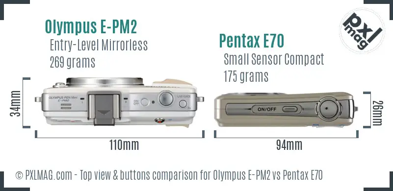 Olympus E-PM2 vs Pentax E70 top view buttons comparison