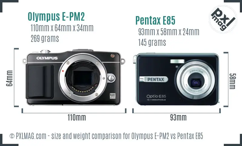 Olympus E-PM2 vs Pentax E85 size comparison