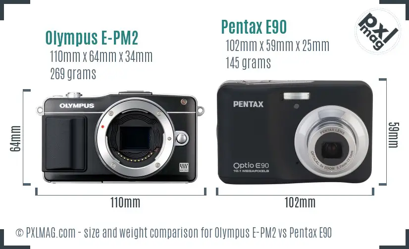 Olympus E-PM2 vs Pentax E90 size comparison