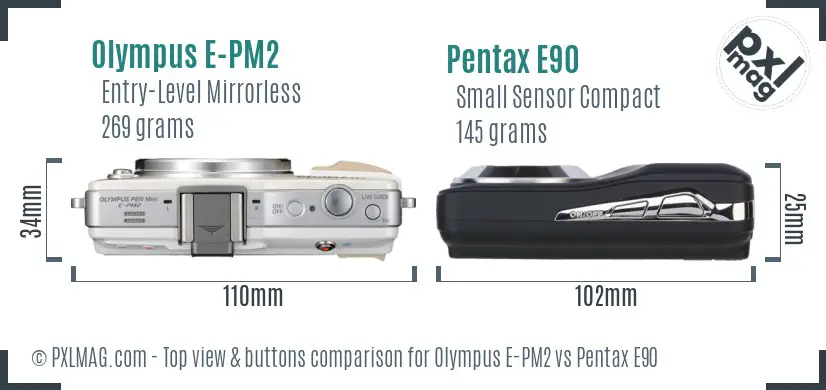 Olympus E-PM2 vs Pentax E90 top view buttons comparison